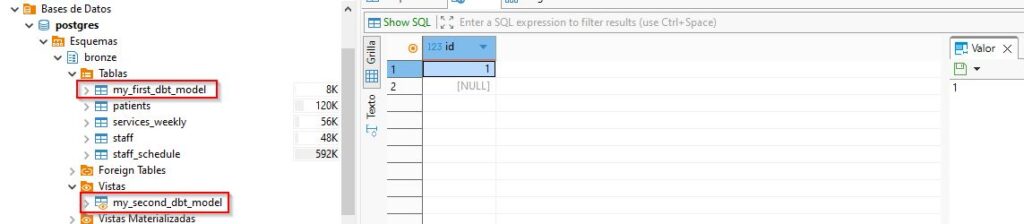 DBeaver view to see table and view of default models